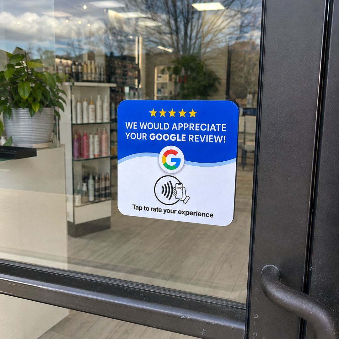 Upside review card on the glass door of a hair salon