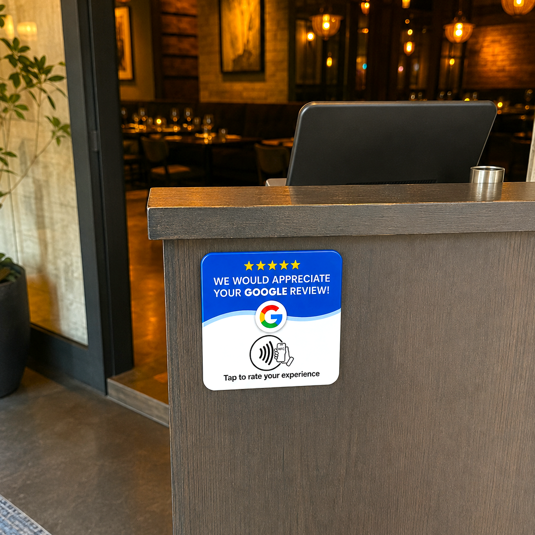 Upside review card on a restaurant host stand