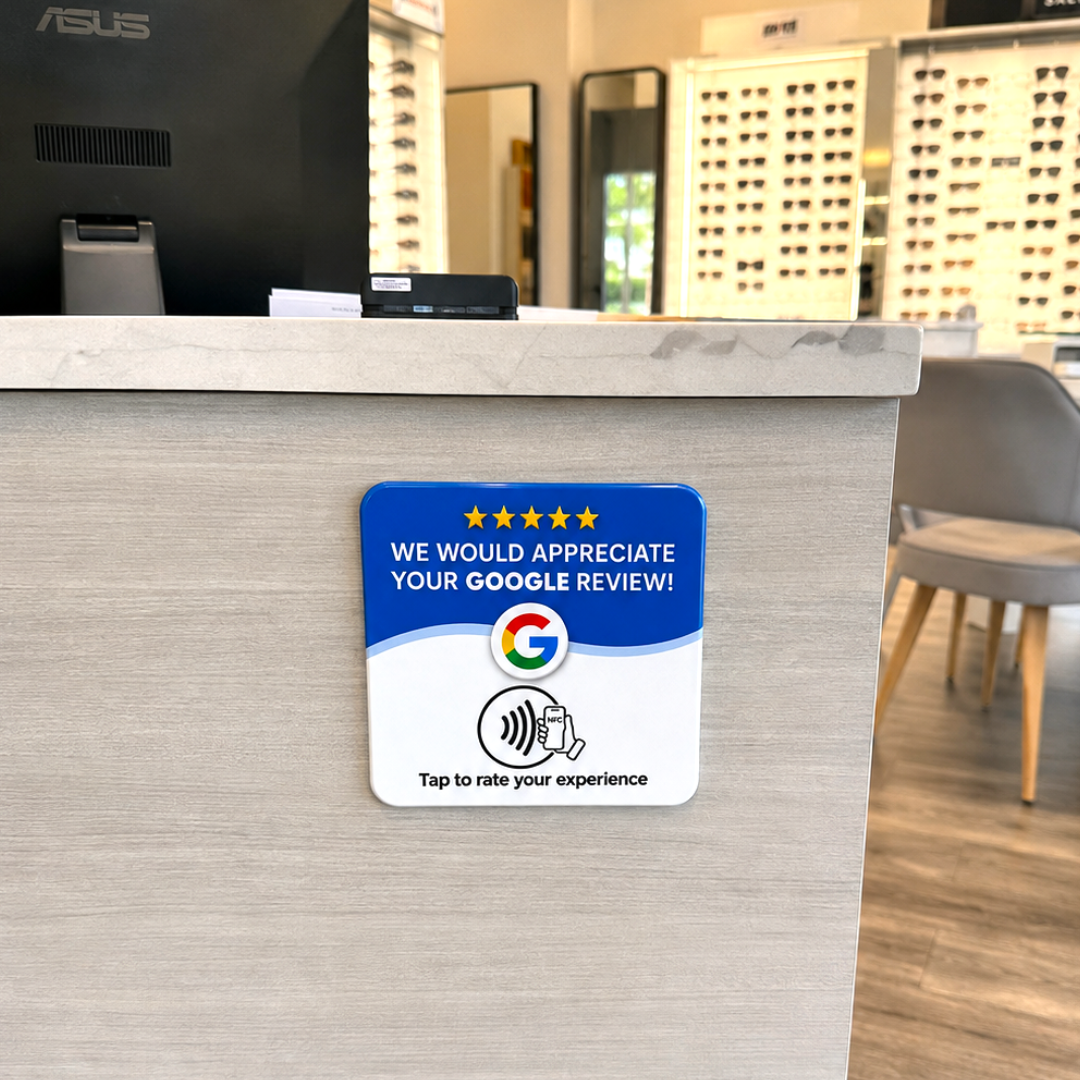 Upside review card mounted on an optical shop counter