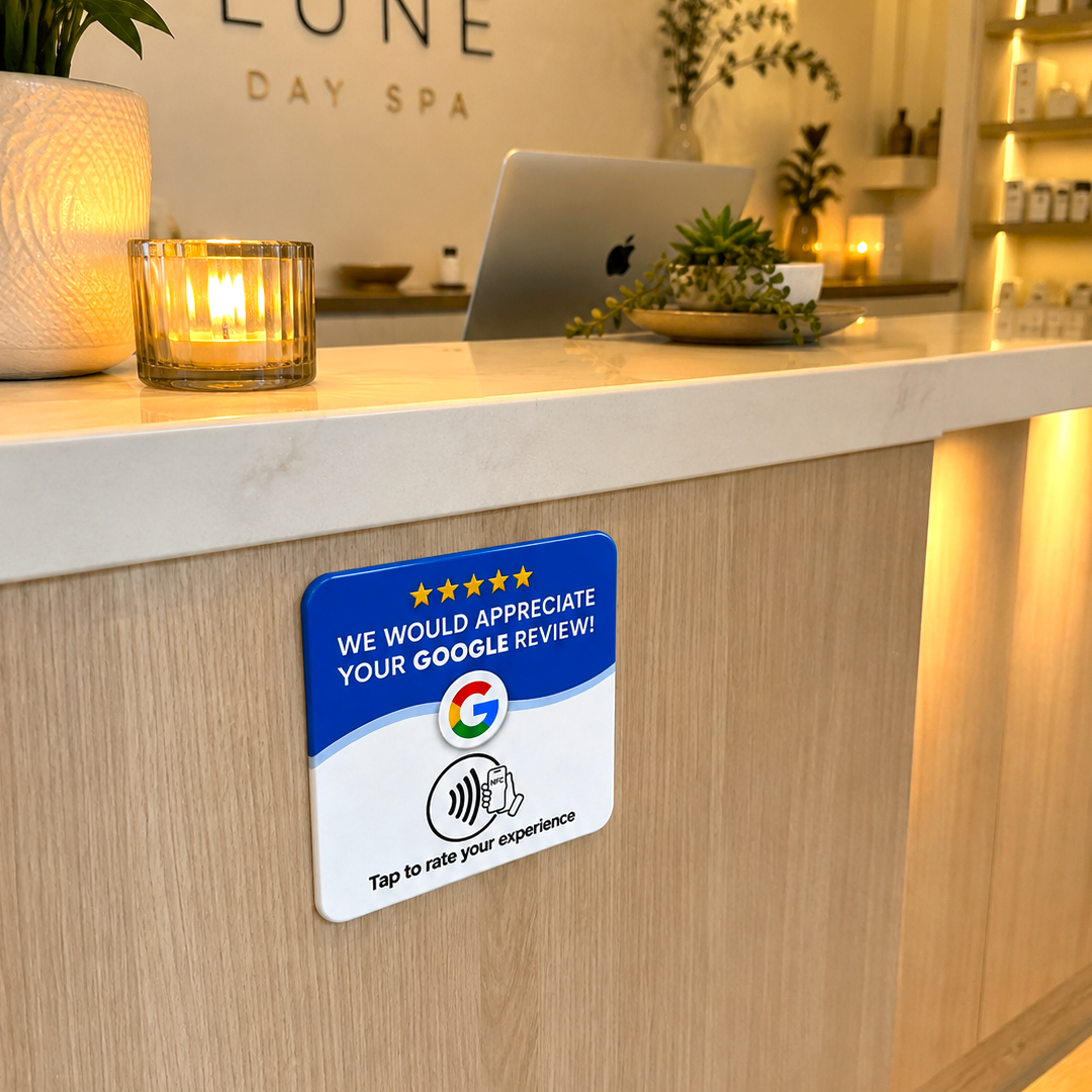Upside review card on a day spa reception desk
