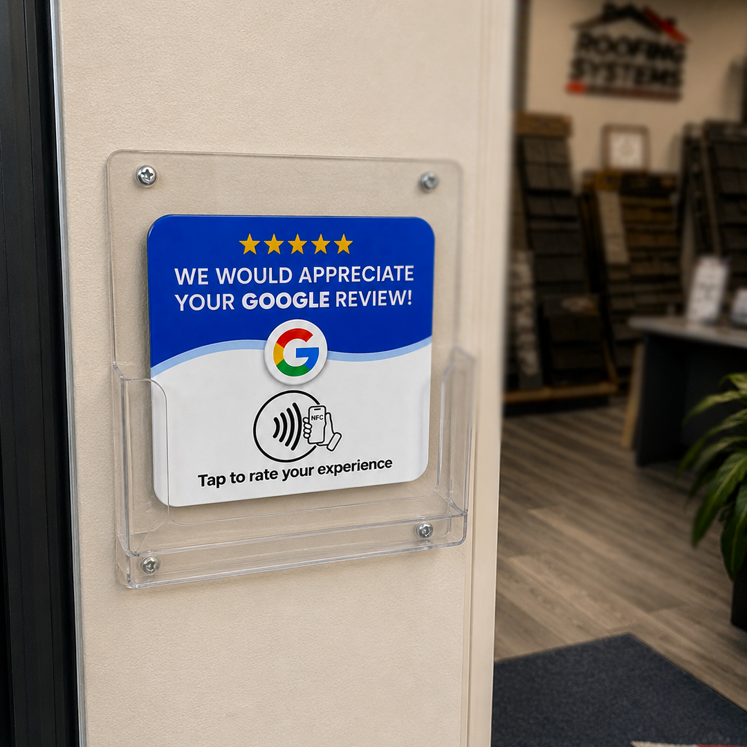 Upside review card in a wall mount at a roofing company office