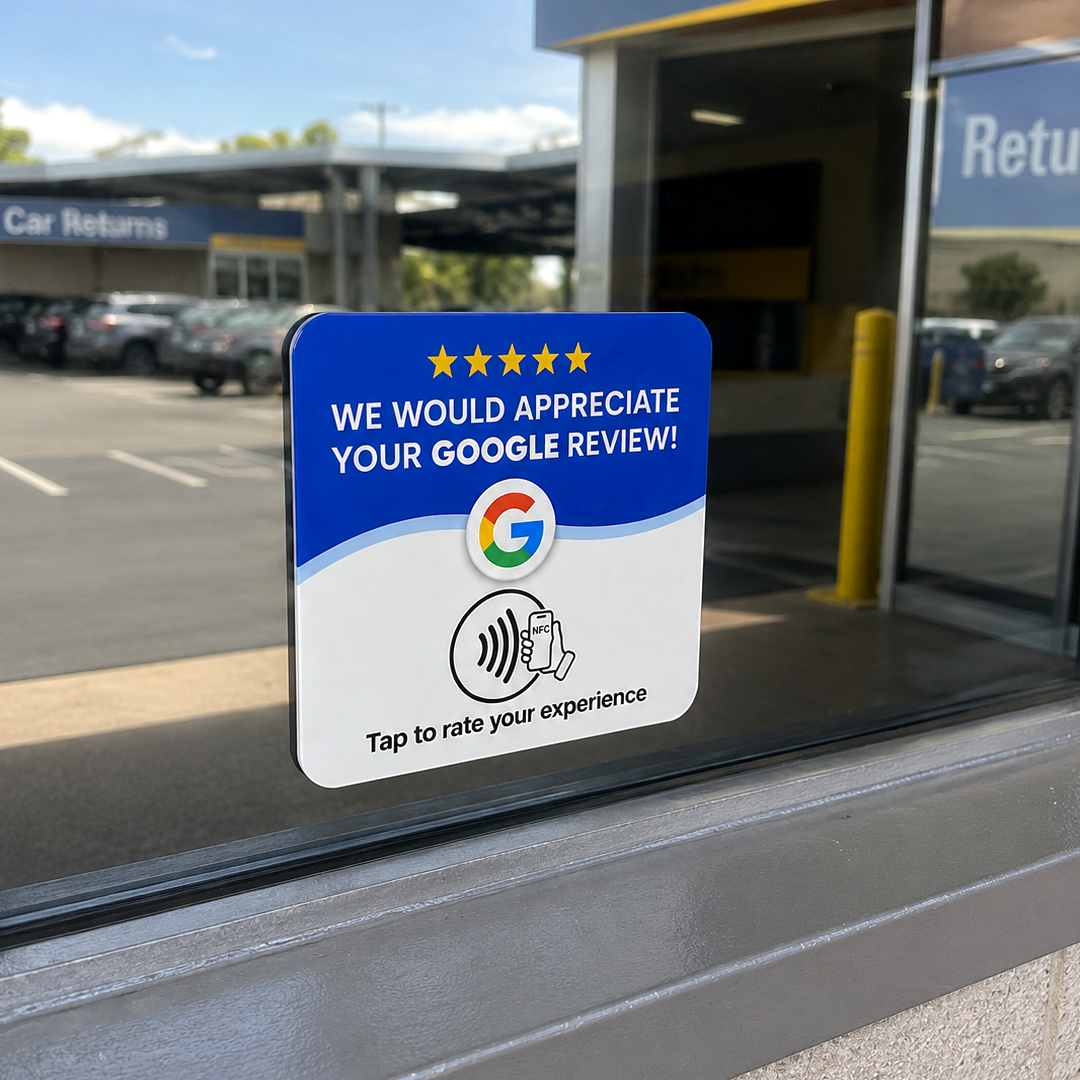 Upside review card on the window of a car rental return office
